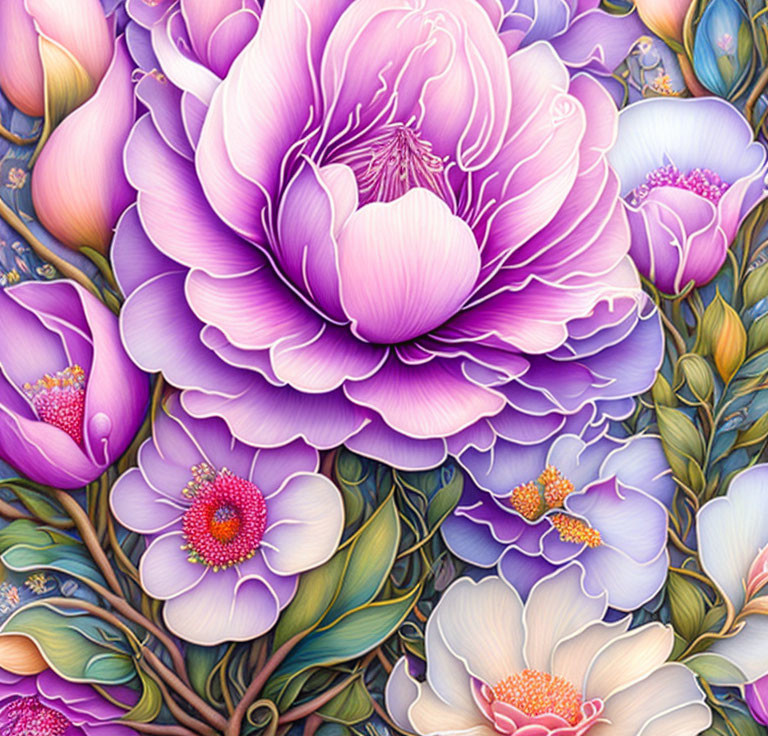 Detailed depiction of blooming purple flowers and green foliage.