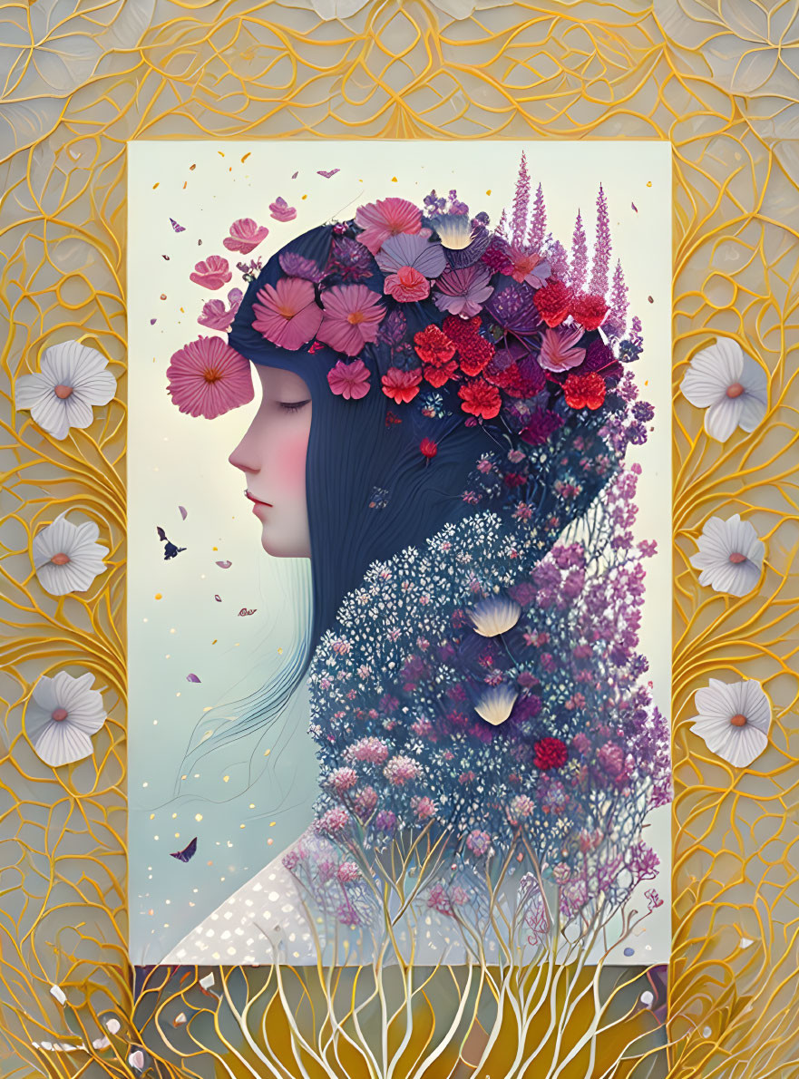 Woman with Floral Hairstyle and Golden Patterns in Nature-Inspired Illustration