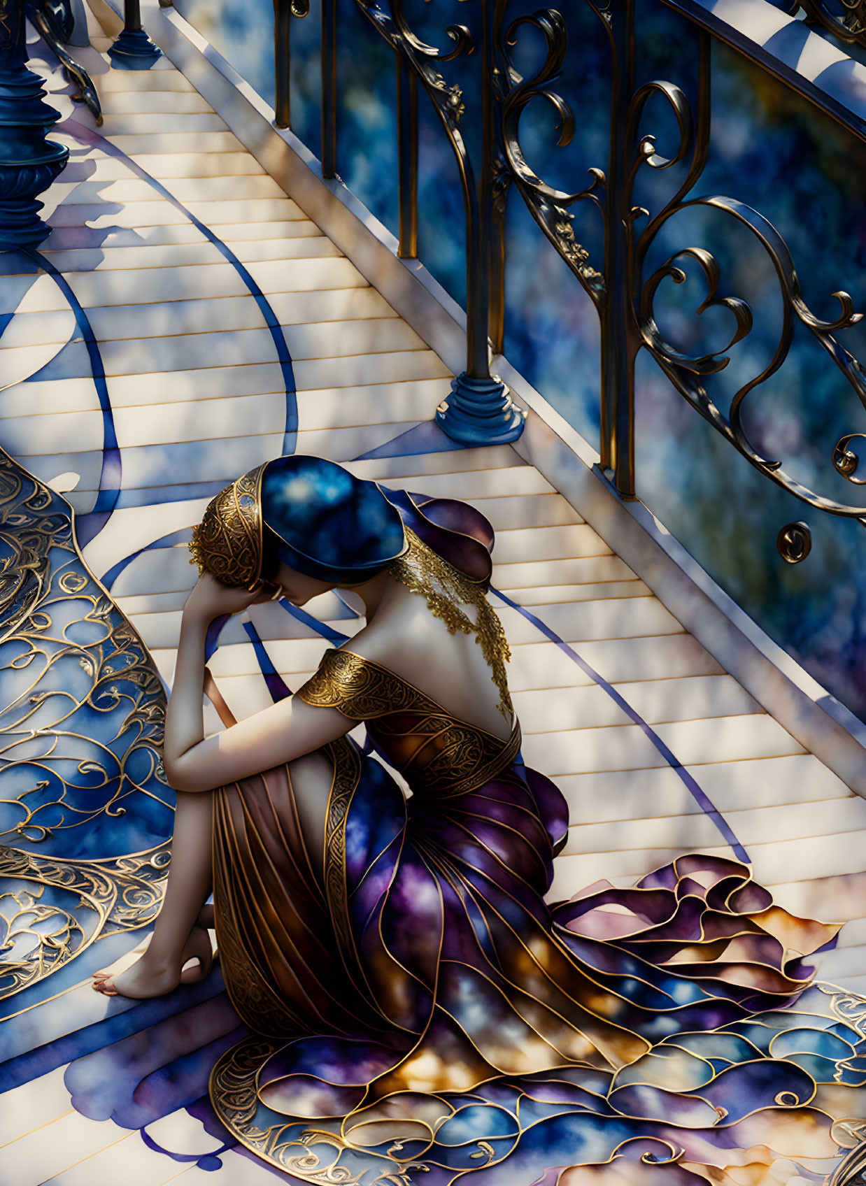 Stylized illustration of woman in purple and gold dress on ornate stairs