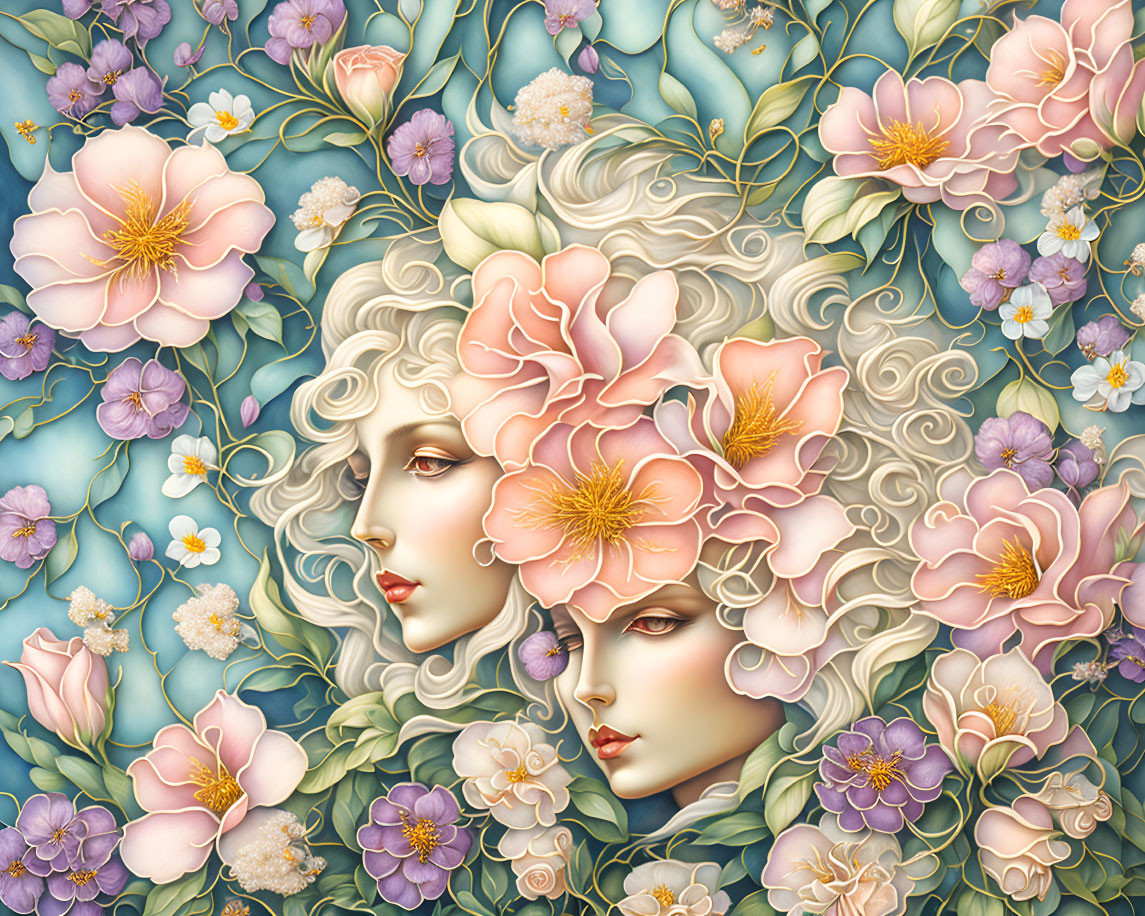 Illustration of entwined faces with flowing hair and pastel flowers.