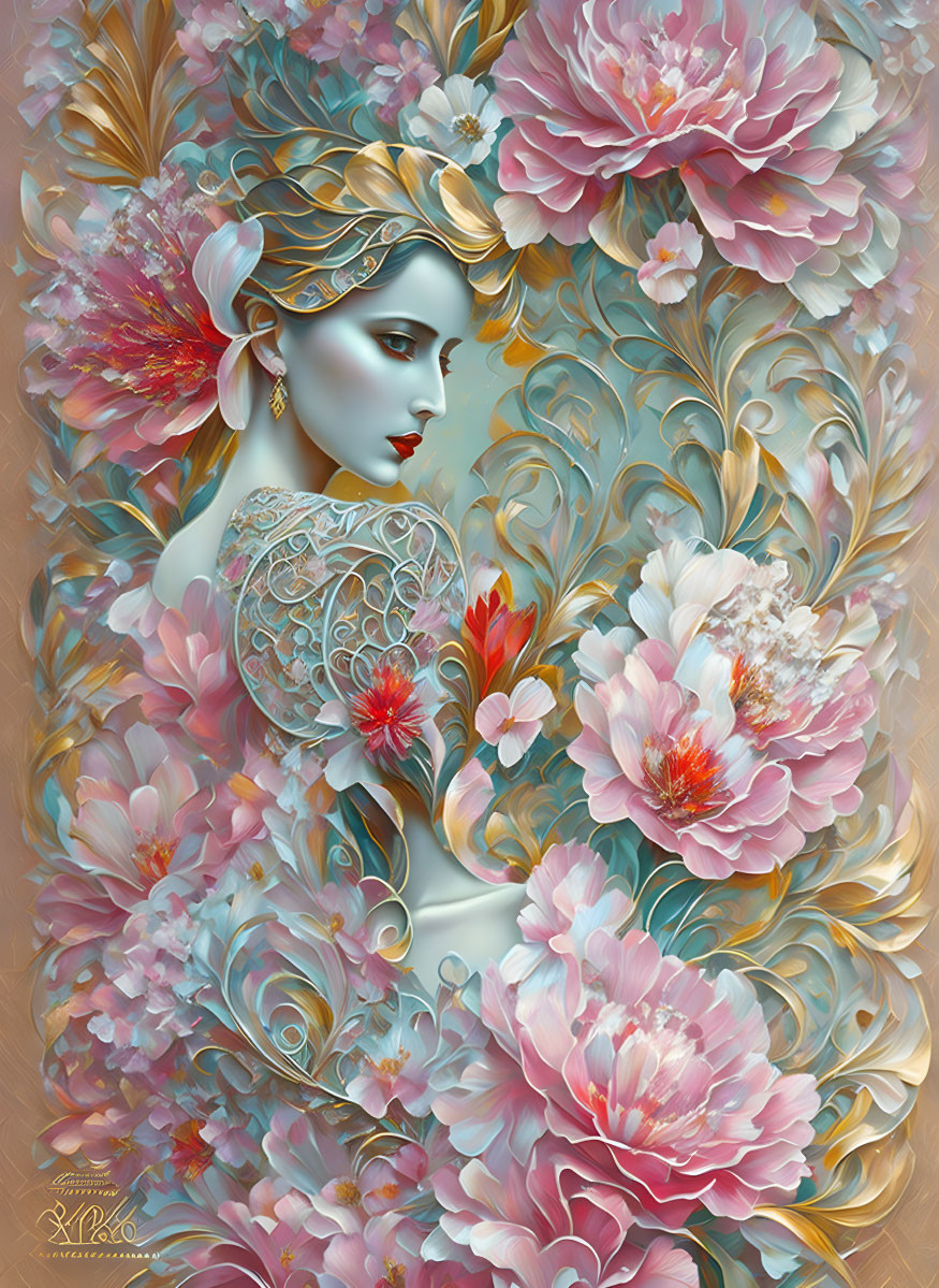 Woman Surrounded by Stylized Peonies in Pastel Colors