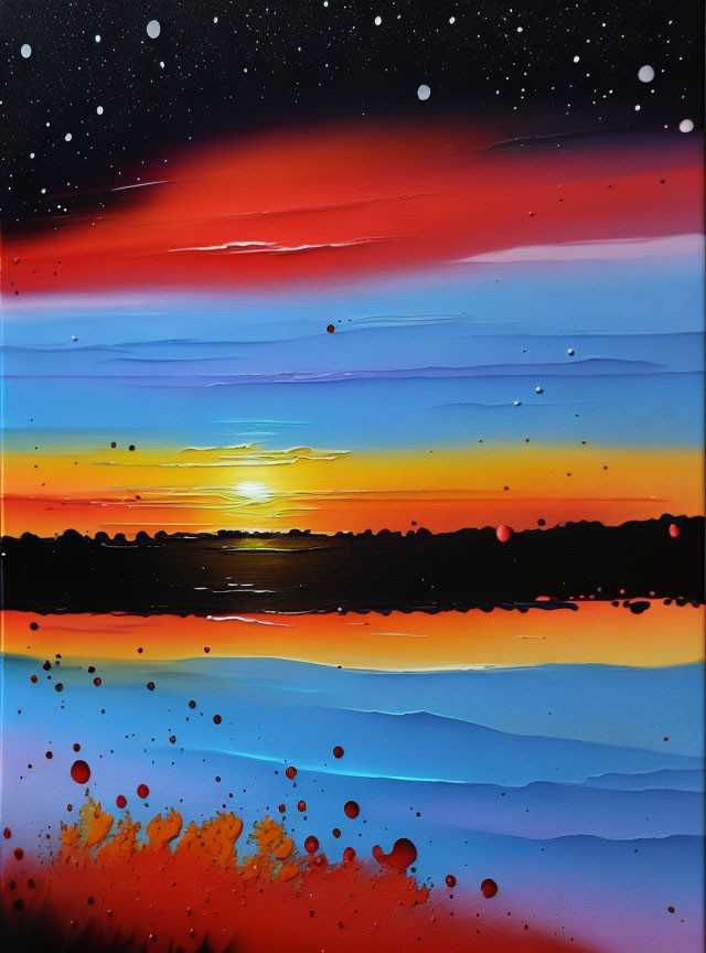 Colorful sunset painting with red, orange, and blue hues transitioning to a starry night sky.