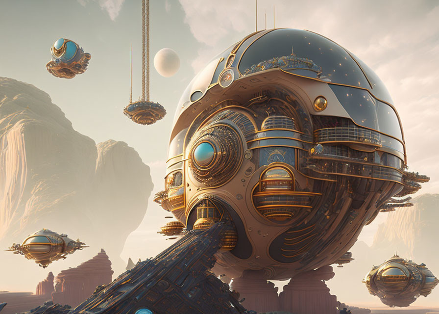 Futuristic city with floating spherical buildings in desert landscape