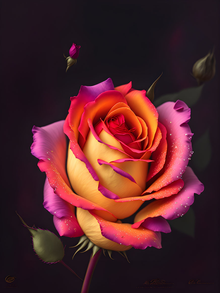 Vibrant yellow and pink rose digital artwork on dark background