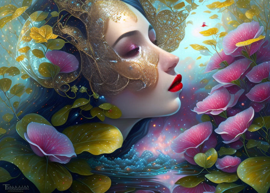 Surreal portrait of woman with closed eyes and golden leaves, surrounded by flowers and butterflies