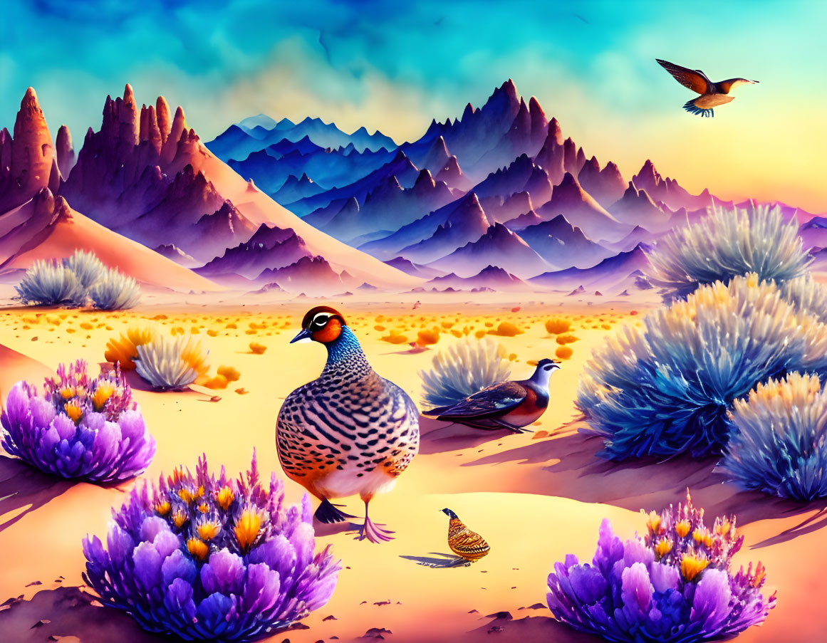 Desert scene illustration with quails, purple flowers, and rock formations