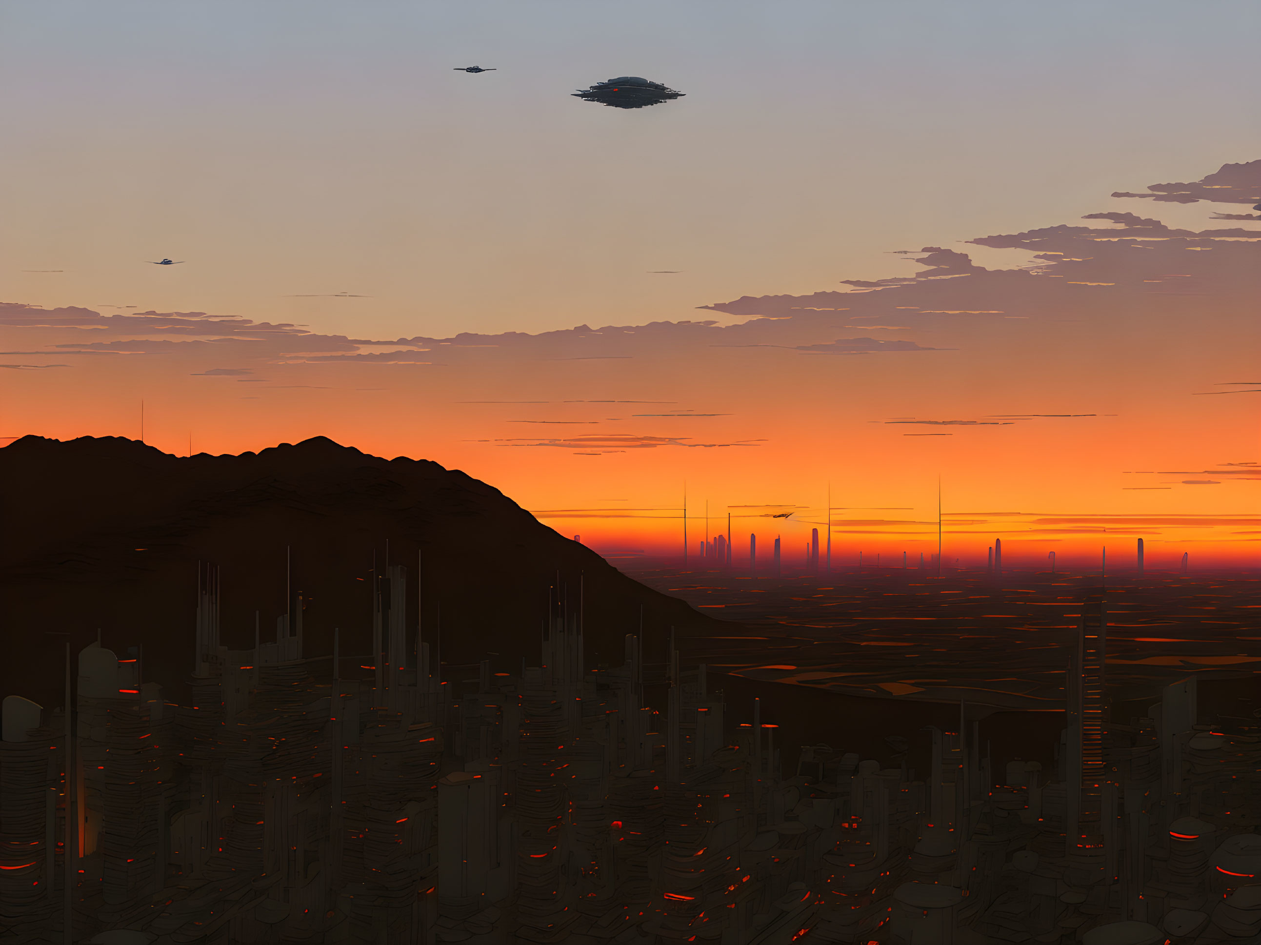 Futuristic city skyline with skyscrapers, flying vehicles, and mountain silhouette