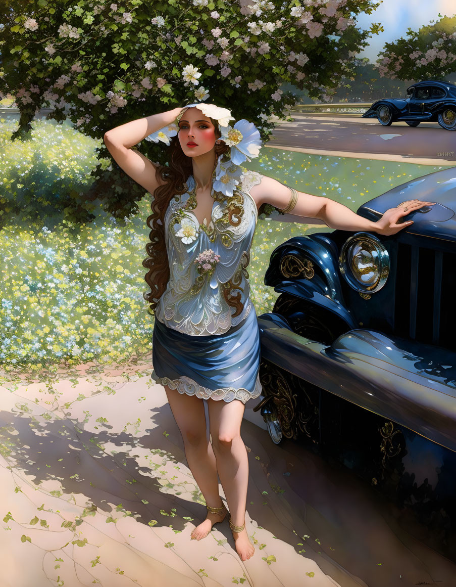 Woman in white and blue dress by vintage car in sunny flower field