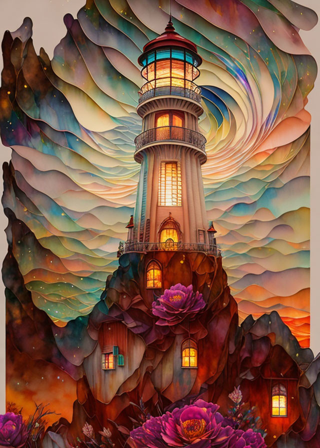 Lighthouse on rugged cliffs with vibrant skies and blooming flowers