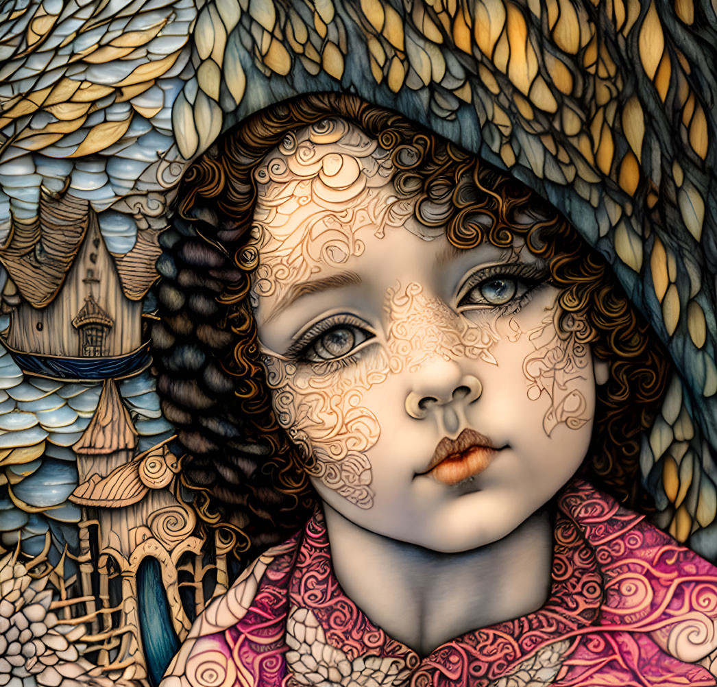 Surreal child portrait with decorative patterns, wings, and fantasy architecture