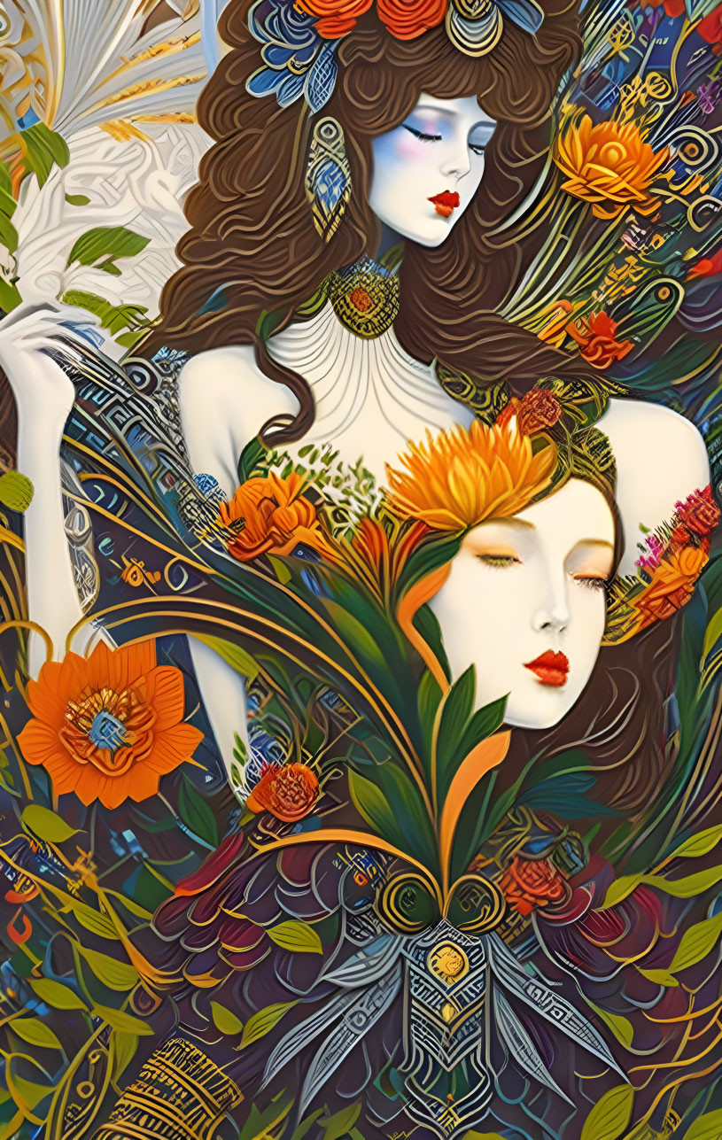 Stylized women with floral elements and peacock feathers in vibrant colors