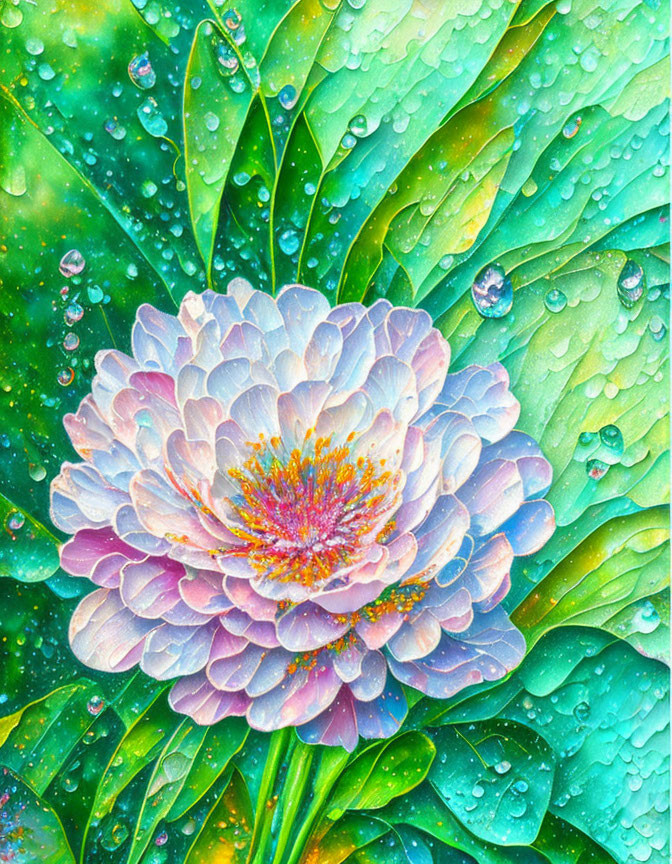 Detailed painting of dew-covered flower in shades of purple and green