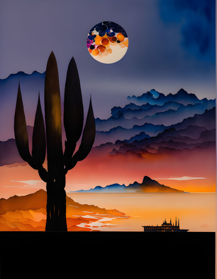 Colorful sunset landscape with tree silhouette and patterned moon