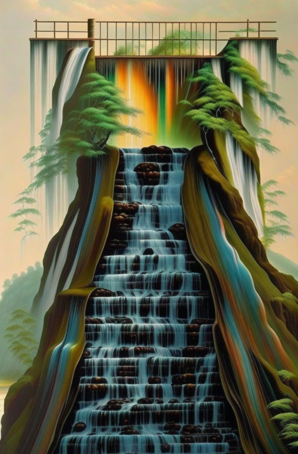 Surreal waterfall on staircase-like rock with bridge in lush setting