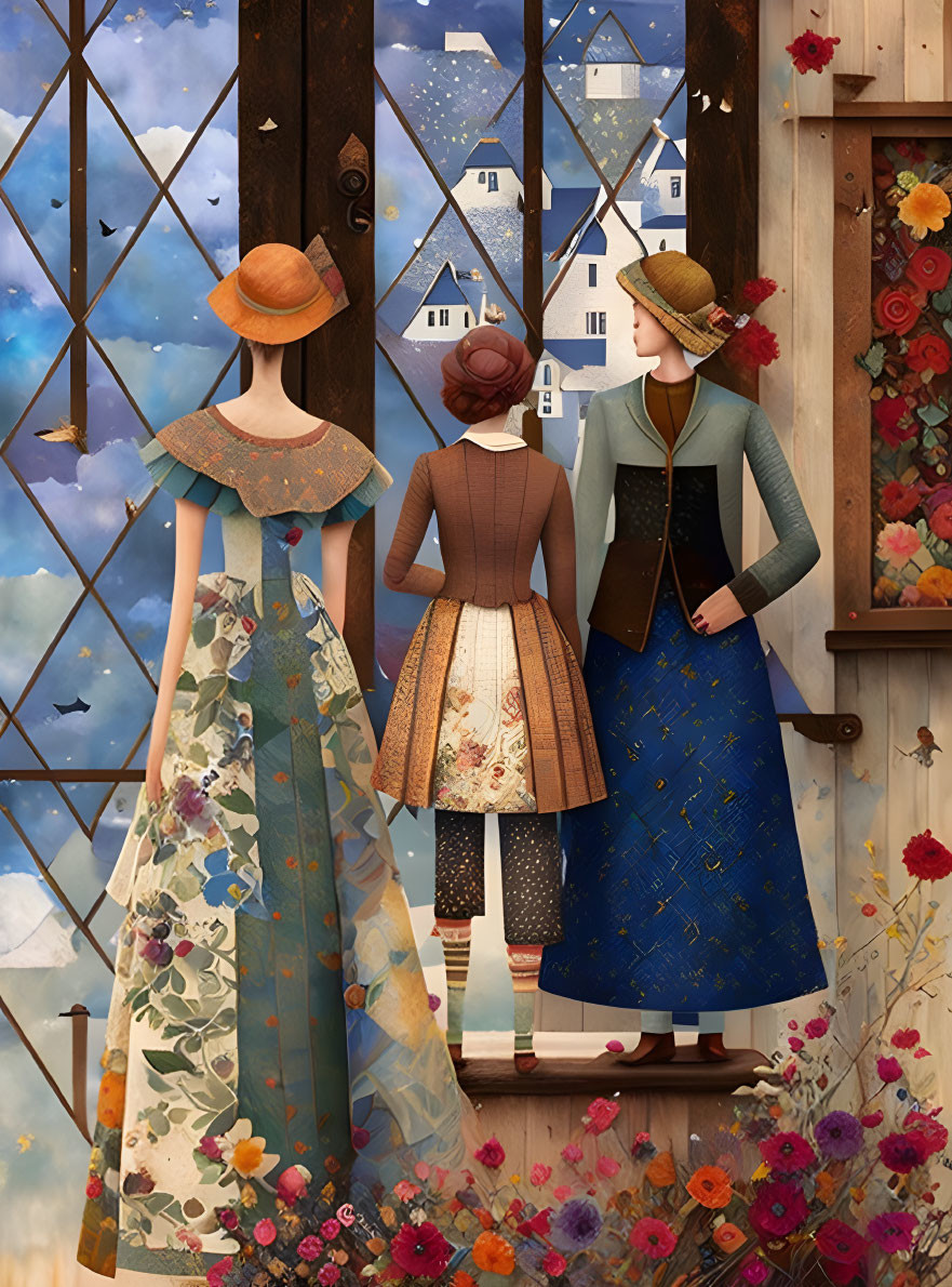 Three women in stylish dresses by a floral window backdrop