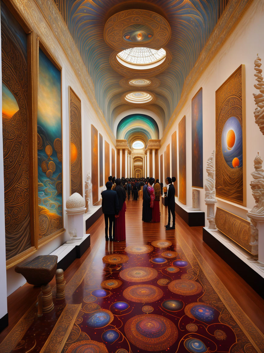 Opulent Art Gallery with Ornate Ceiling and Mystical Paintings