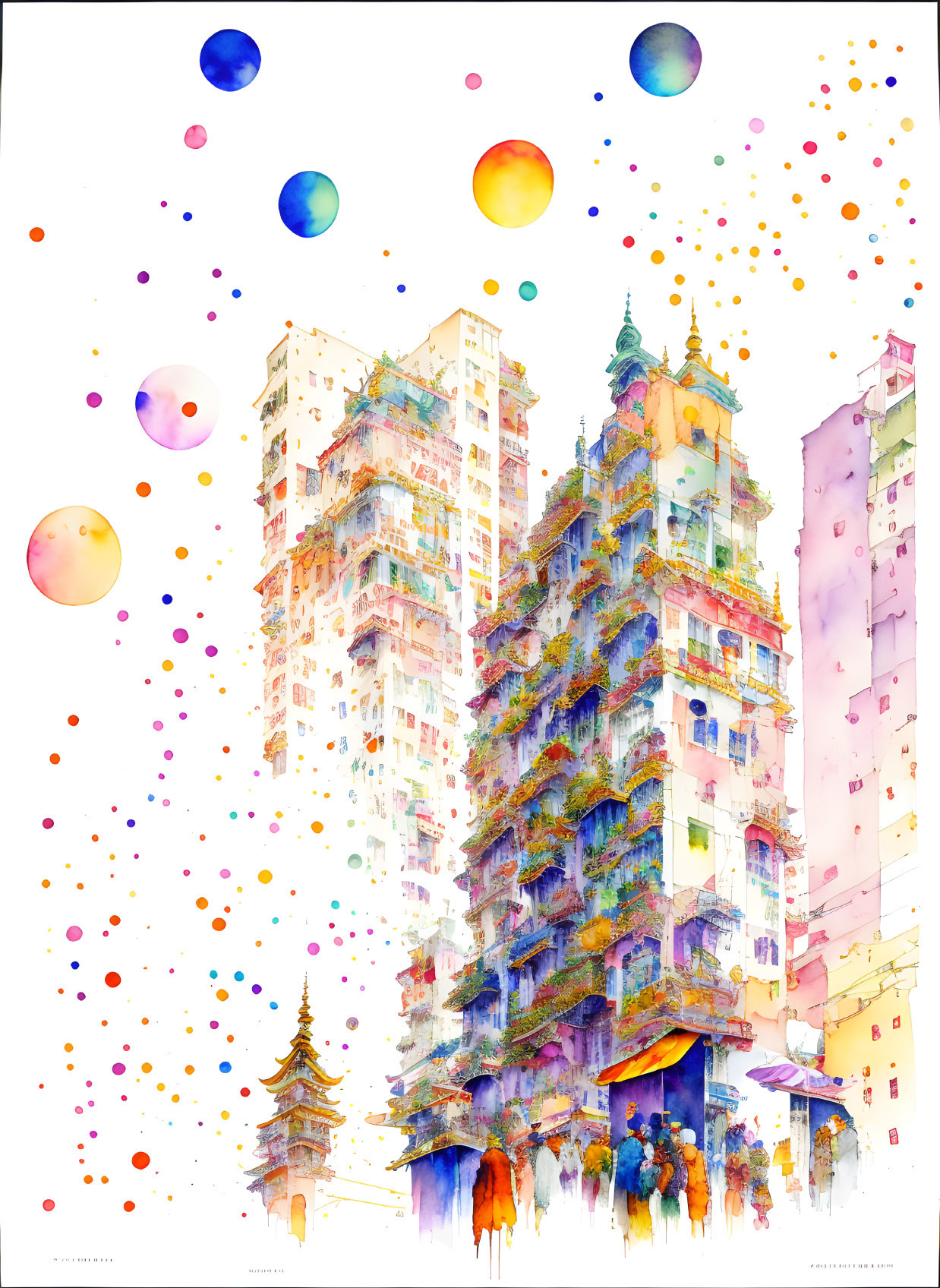 Vibrant Watercolor Street Scene with Tall Buildings