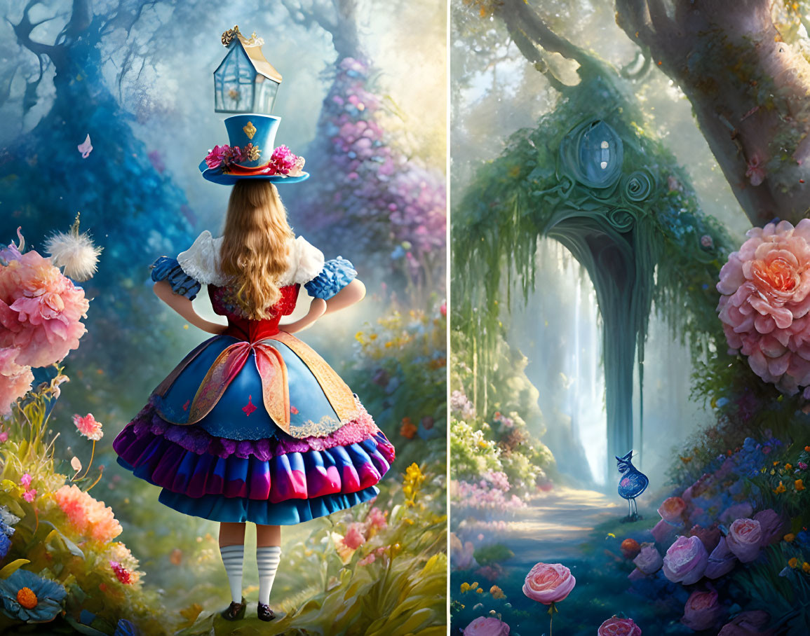 Young girl as Alice in Wonderland with lantern in mystical flower garden