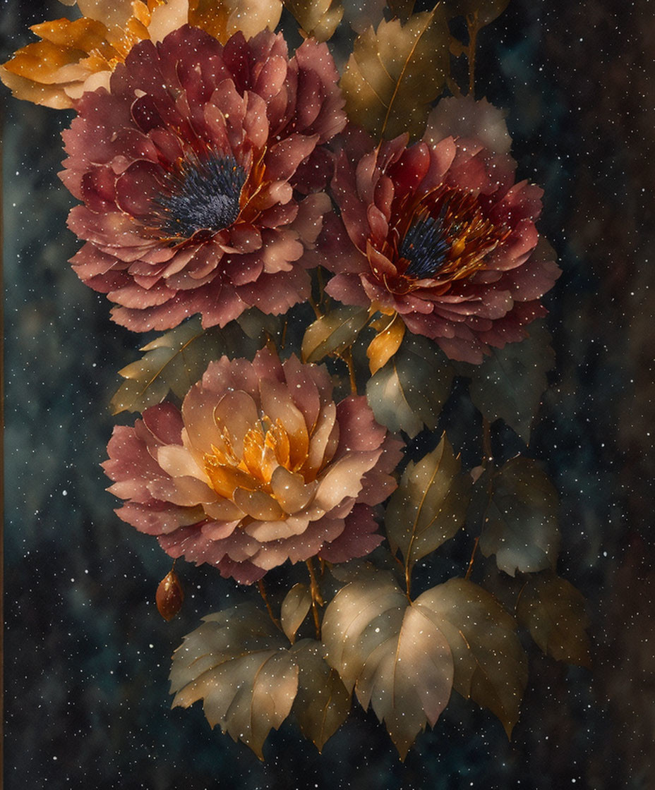 Vibrant flowers on dark, speckled backdrop evoking a night scene.