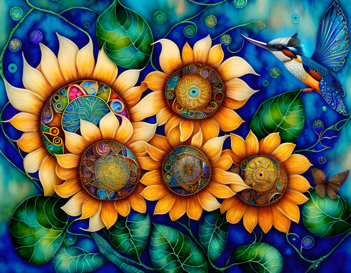 Colorful sunflower artwork with hummingbird and butterflies on blue background