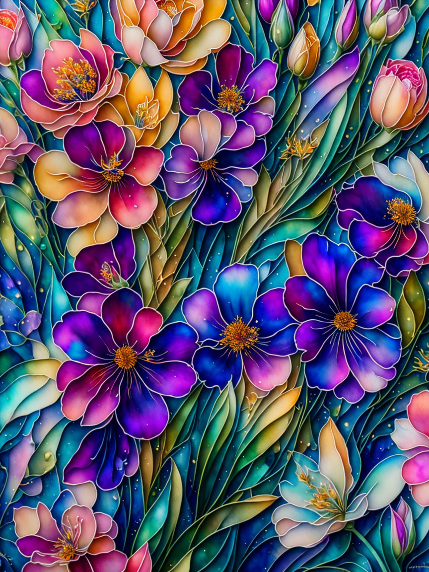 Colorful Stylized Floral Illustration in Purple, Pink, and Yellow