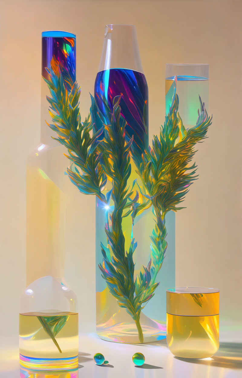 Iridescent-coated glass bottles with plants creating colorful reflections on warm backdrop