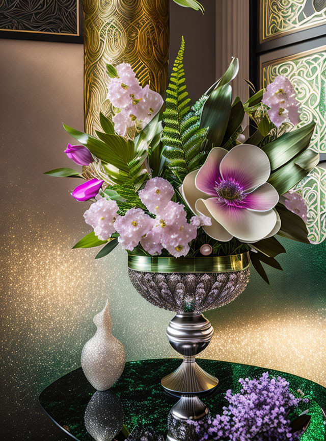 Pink Blossom Floral Arrangement in Decorative Bowl on Glittering Green Surface