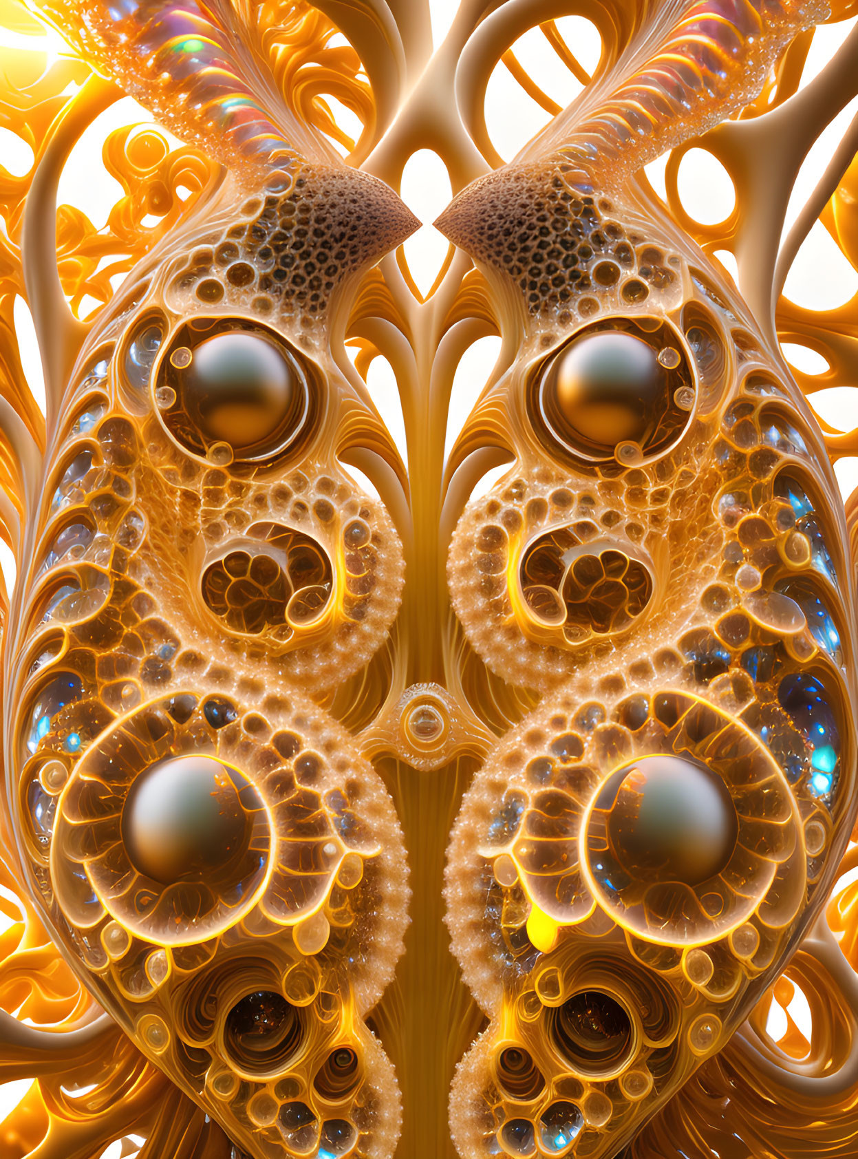 Symmetrical fractal image: Abstract owl-like design in golden hues