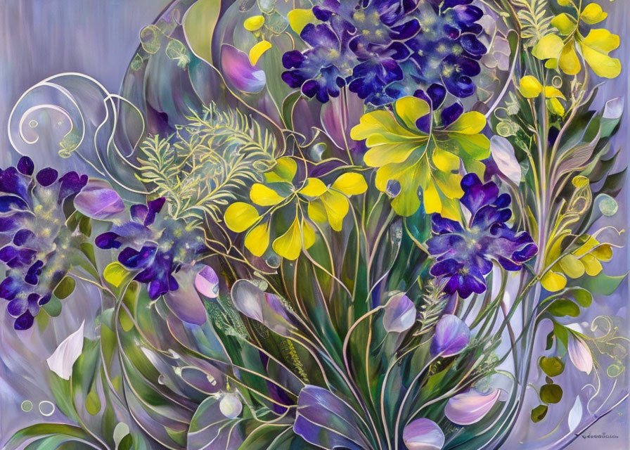 Colorful Floral Painting with Swirling Patterns in Purple and Yellow