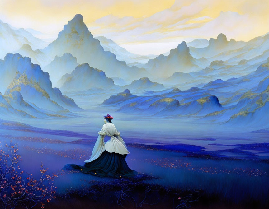 Traditional Attire Figure in Serene Mountain Landscape