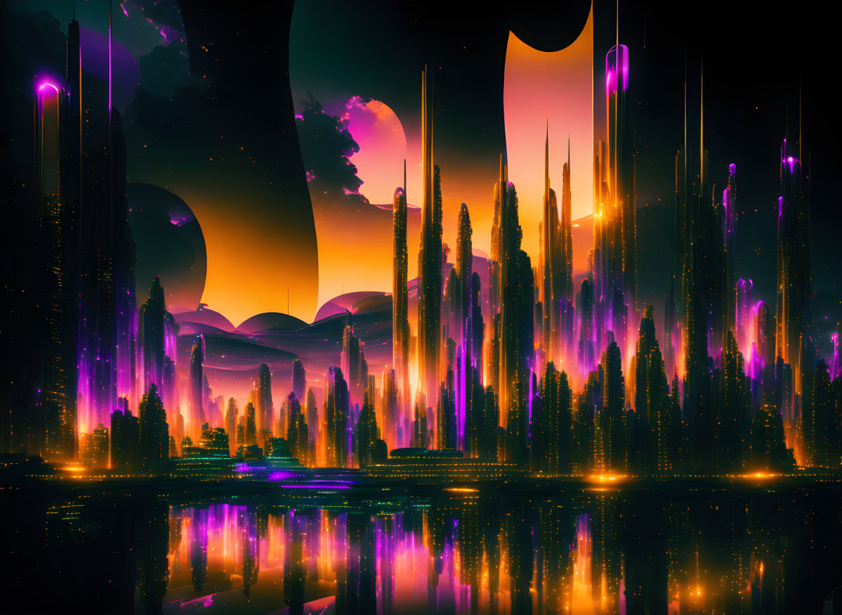 Futuristic cityscape: Skyscrapers in purple light, mirrored on serene water at sunset