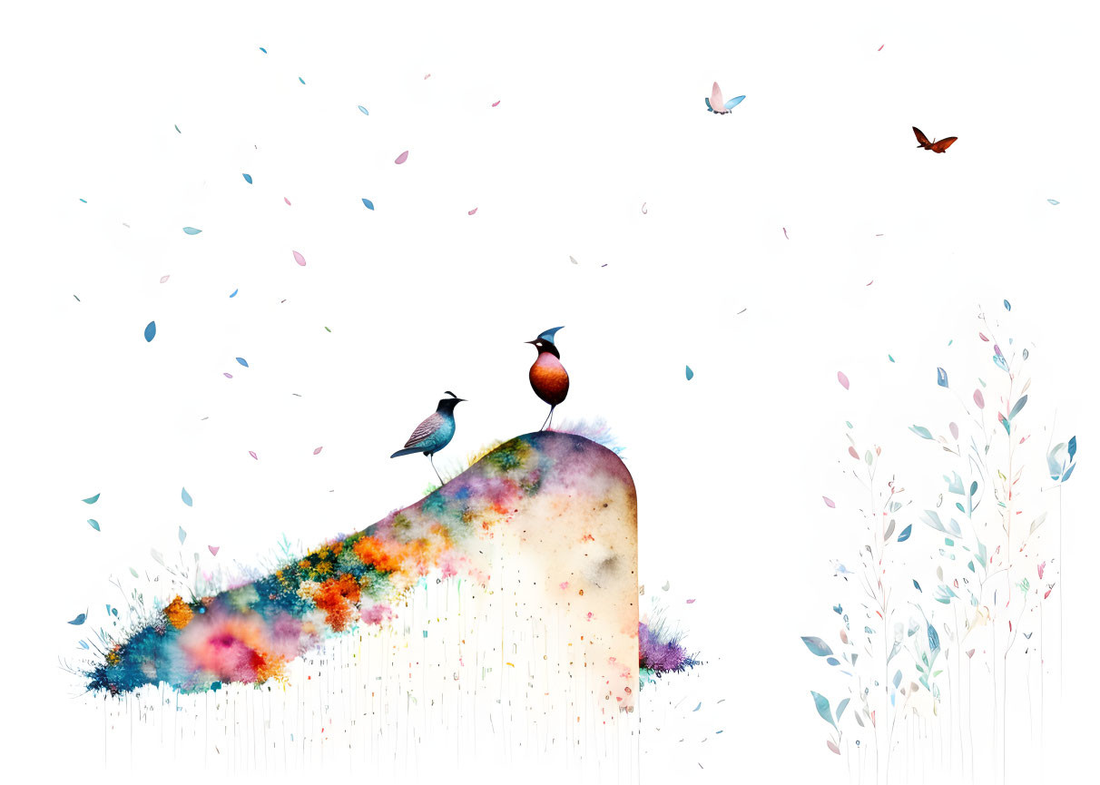 Colorful Watercolor Landscape with Birds and Butterflies on Whimsical Hill