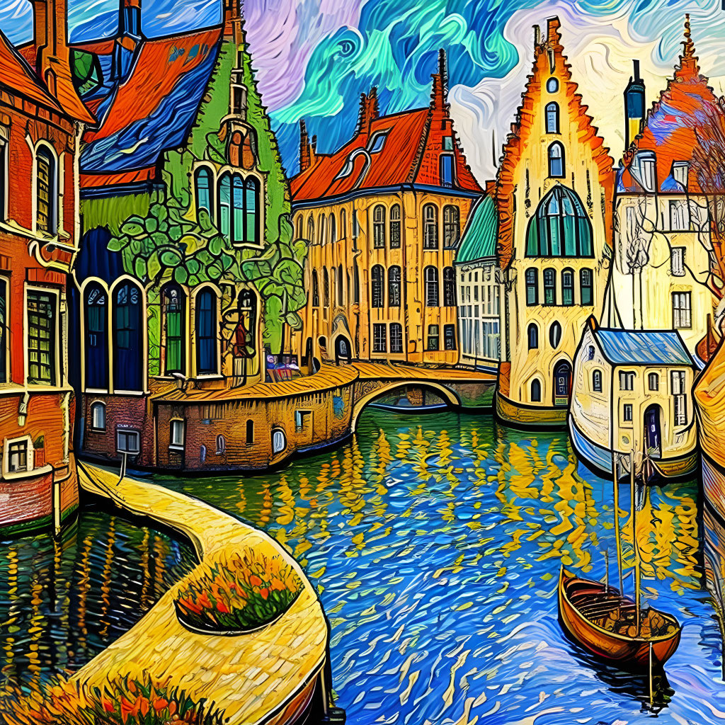 European Canal Scene: Vibrant Expressionist Painting