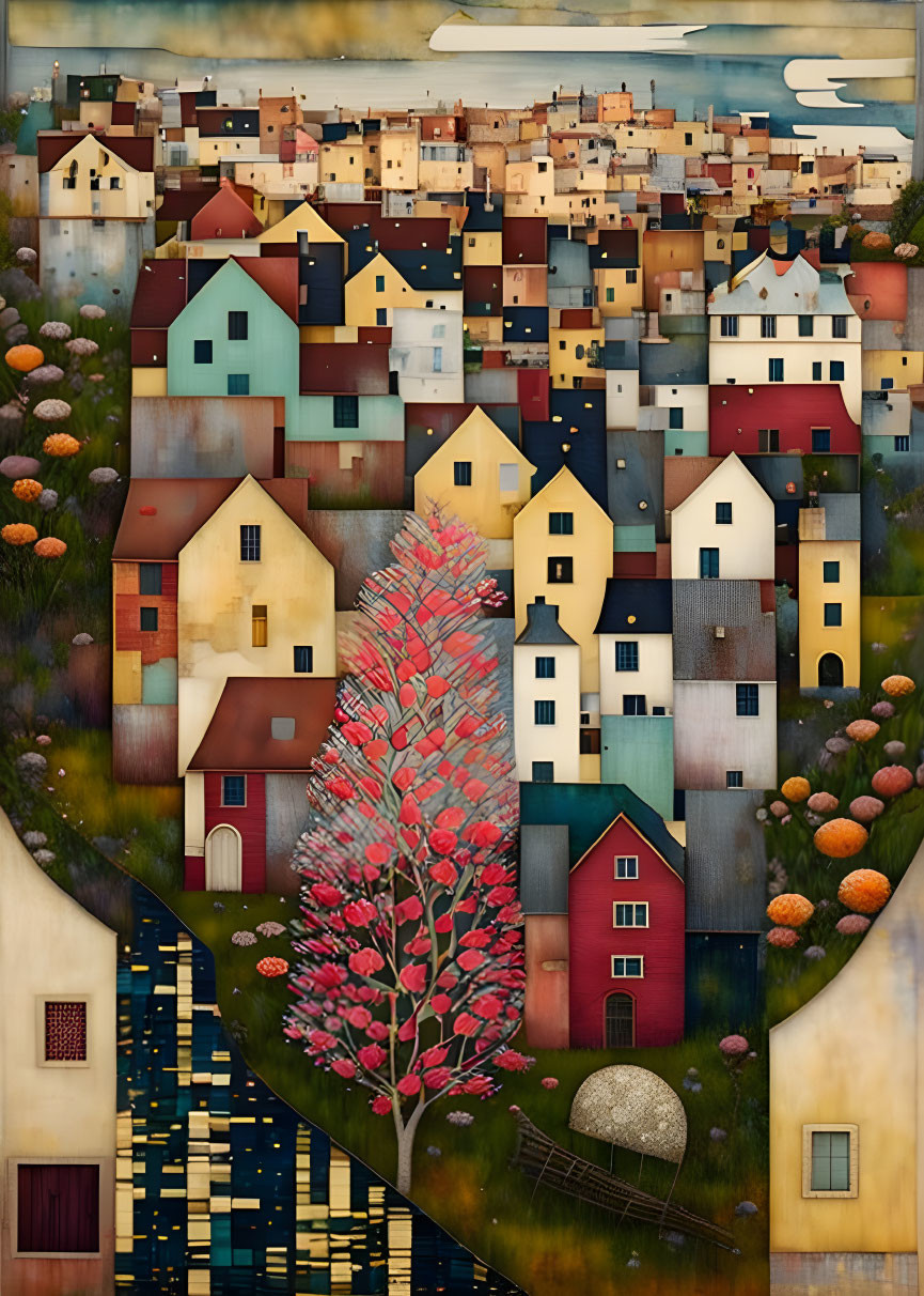 Colorful Village Painting with Varied Houses & Red Tree