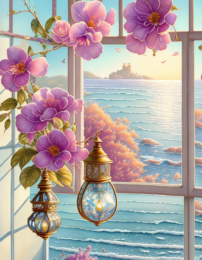 Scenic window view: hanging lanterns, pink flowers, serene sea, distant castle.