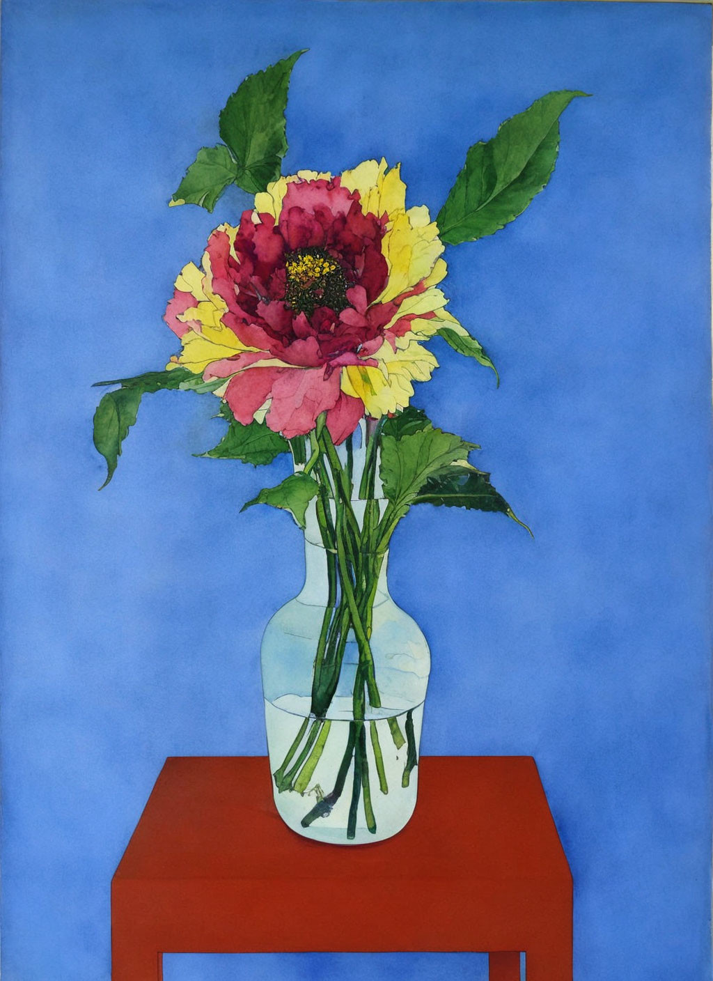 Colorful watercolor painting of pink and yellow flowers in a vase on blue background.