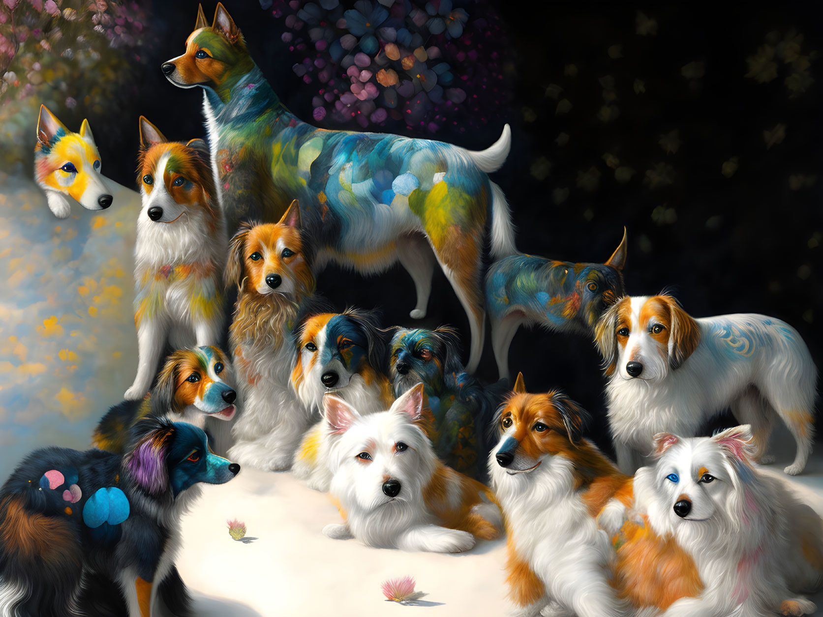 Colorful Dogs Painting with Detailed Fur and Flowers