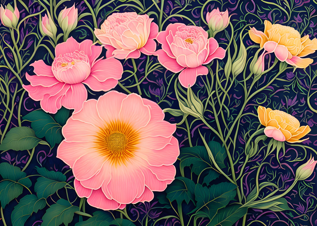 Stylized pink and yellow flowers with intricate green foliage on dark background