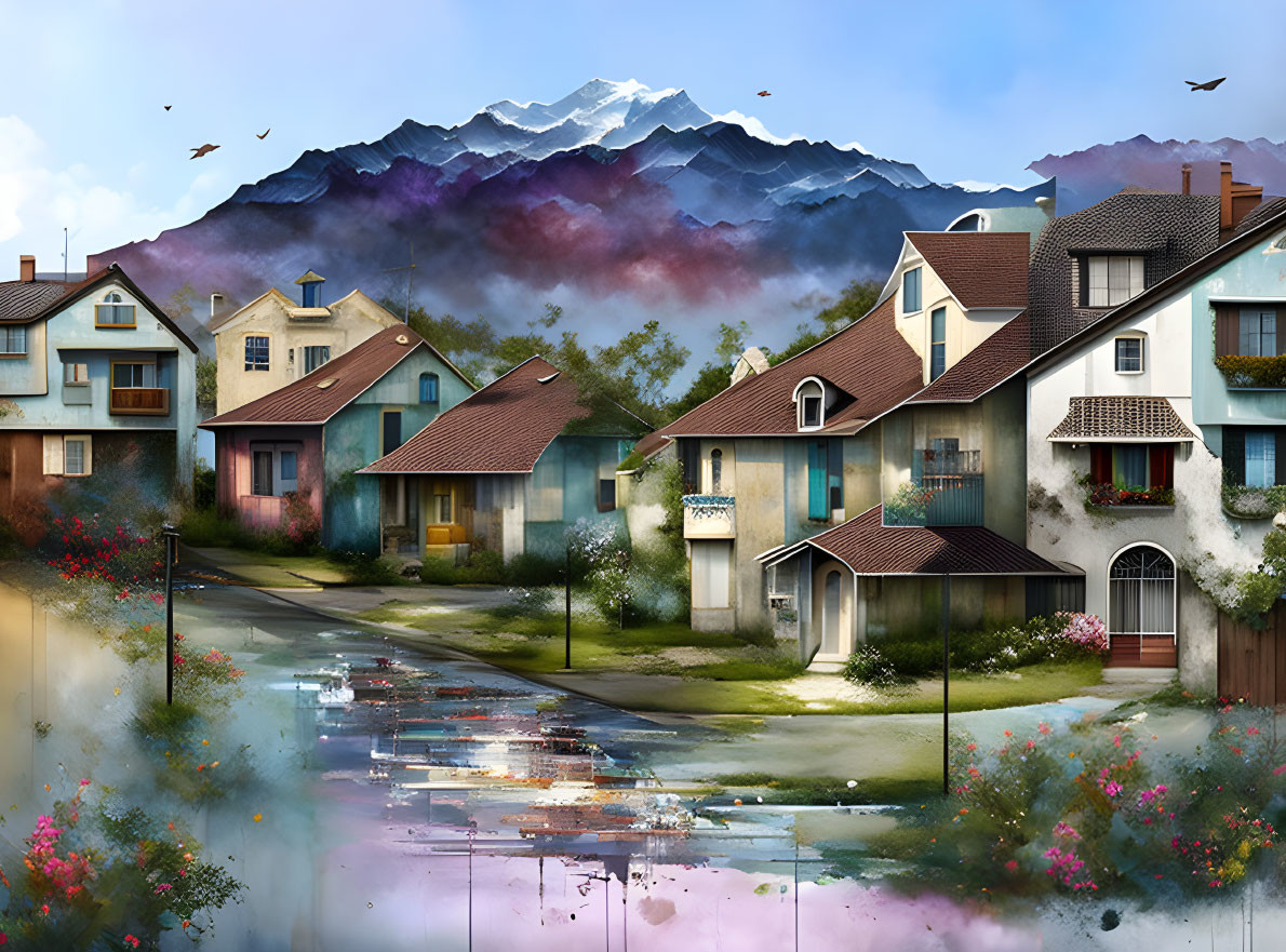 Colorful houses, gardens, wet street, mountains, and cloudy sky in serene neighborhood