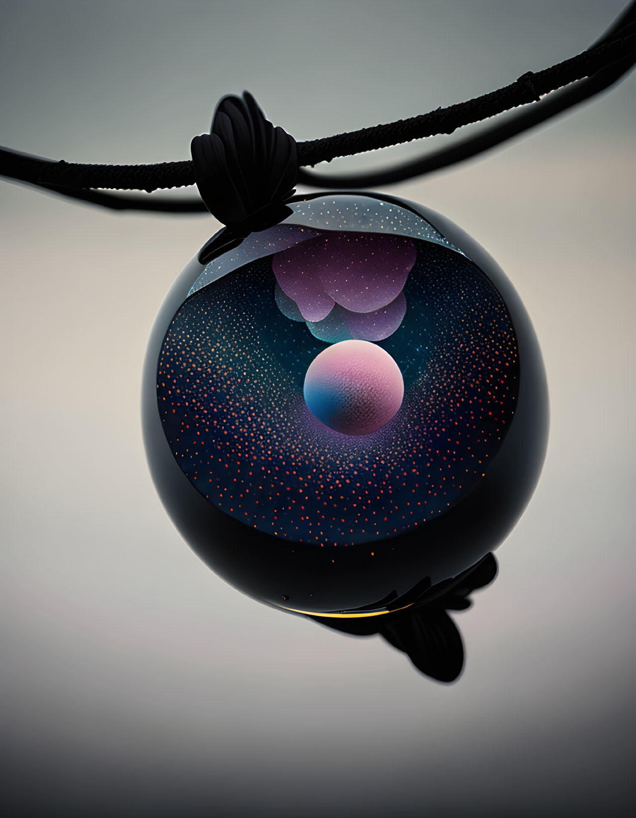 Cosmic design pendant with colorful orbs and starry speckles on black glass.