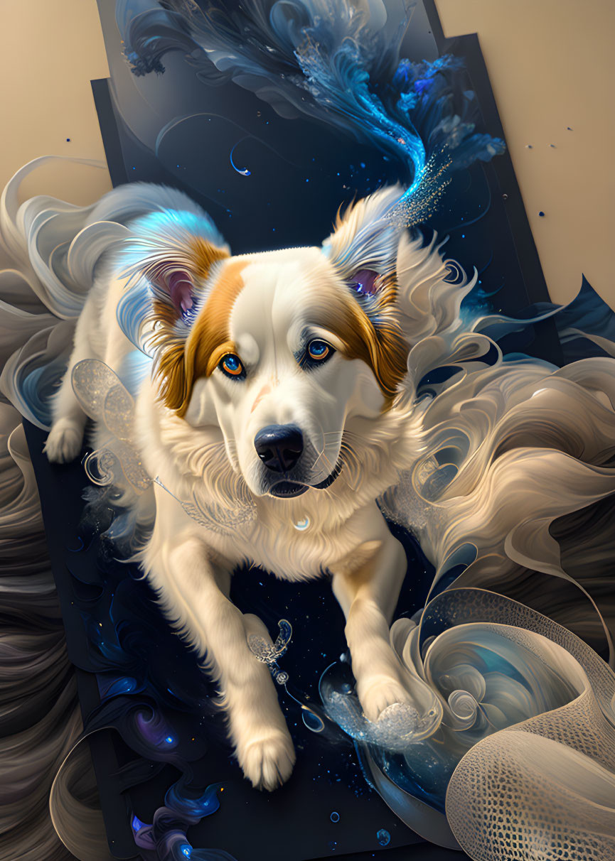 Surreal illustration: Winged dog with blue eyes in abstract blue light