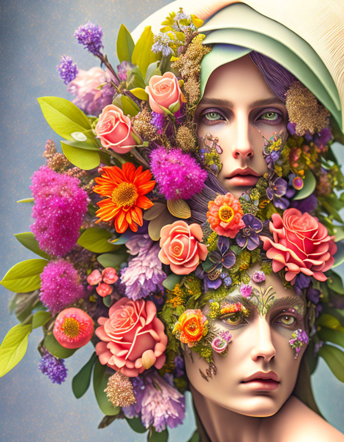 Vibrant digital artwork featuring two faces with floral elements