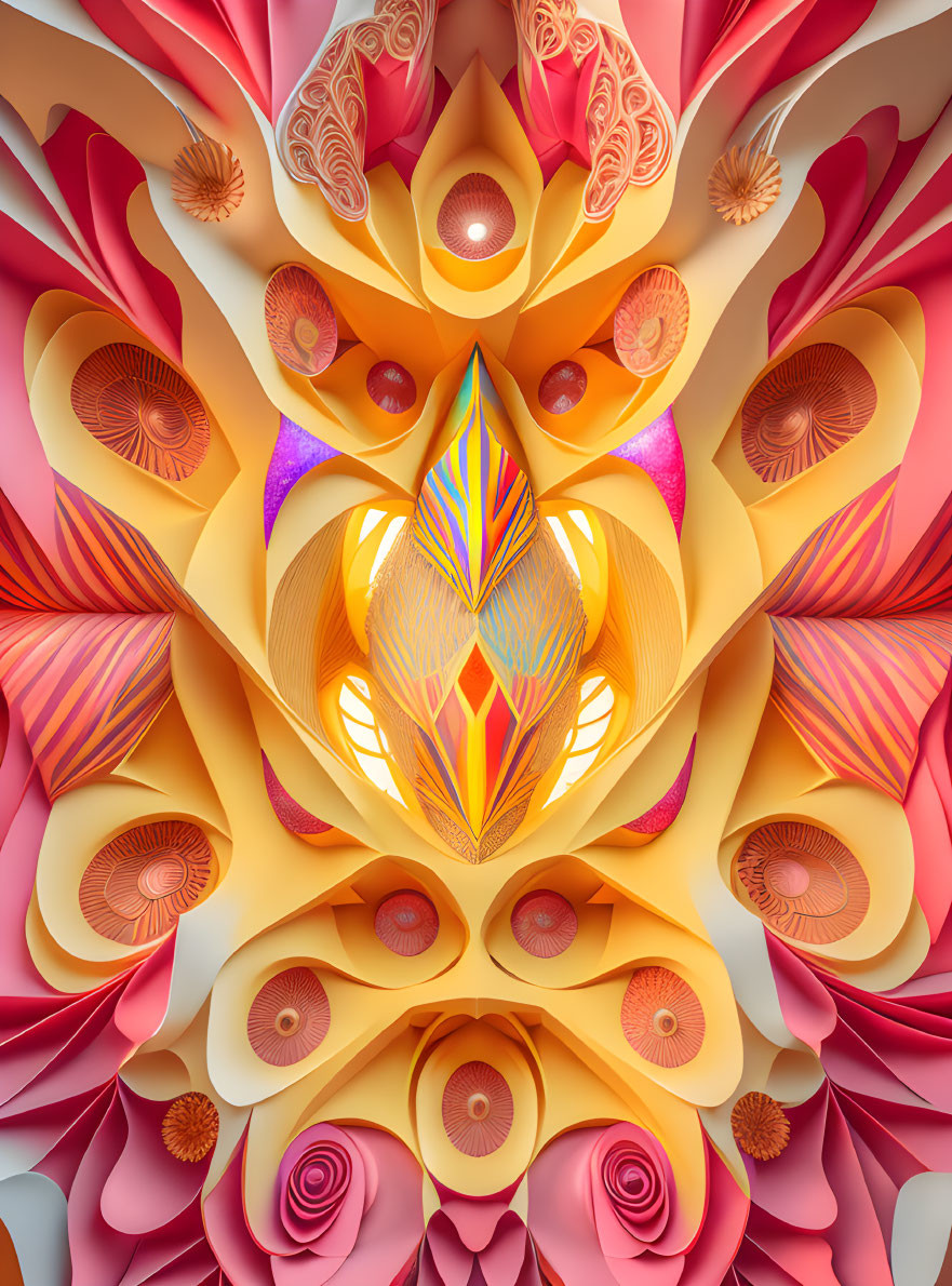 Symmetrical paper art composition with warm colors and intricate patterns