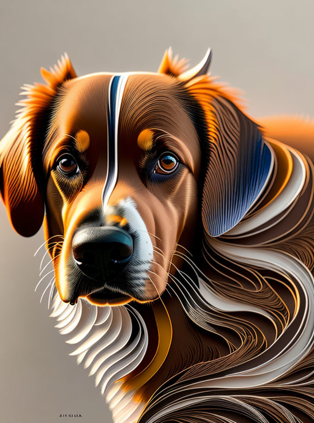 Stylized dog digital artwork: flowing fur, warm brown tones