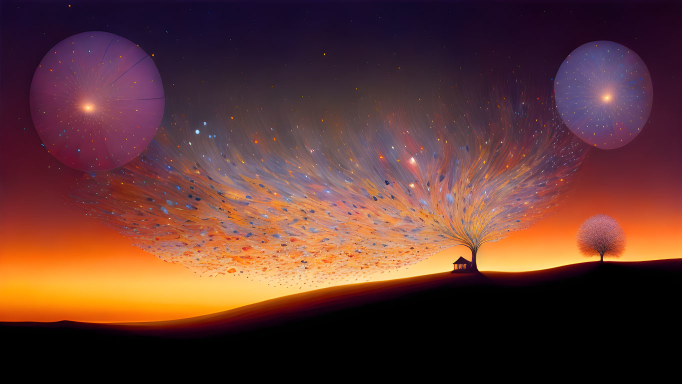 Surreal sunset landscape with colorful orbs, bare tree, and small house