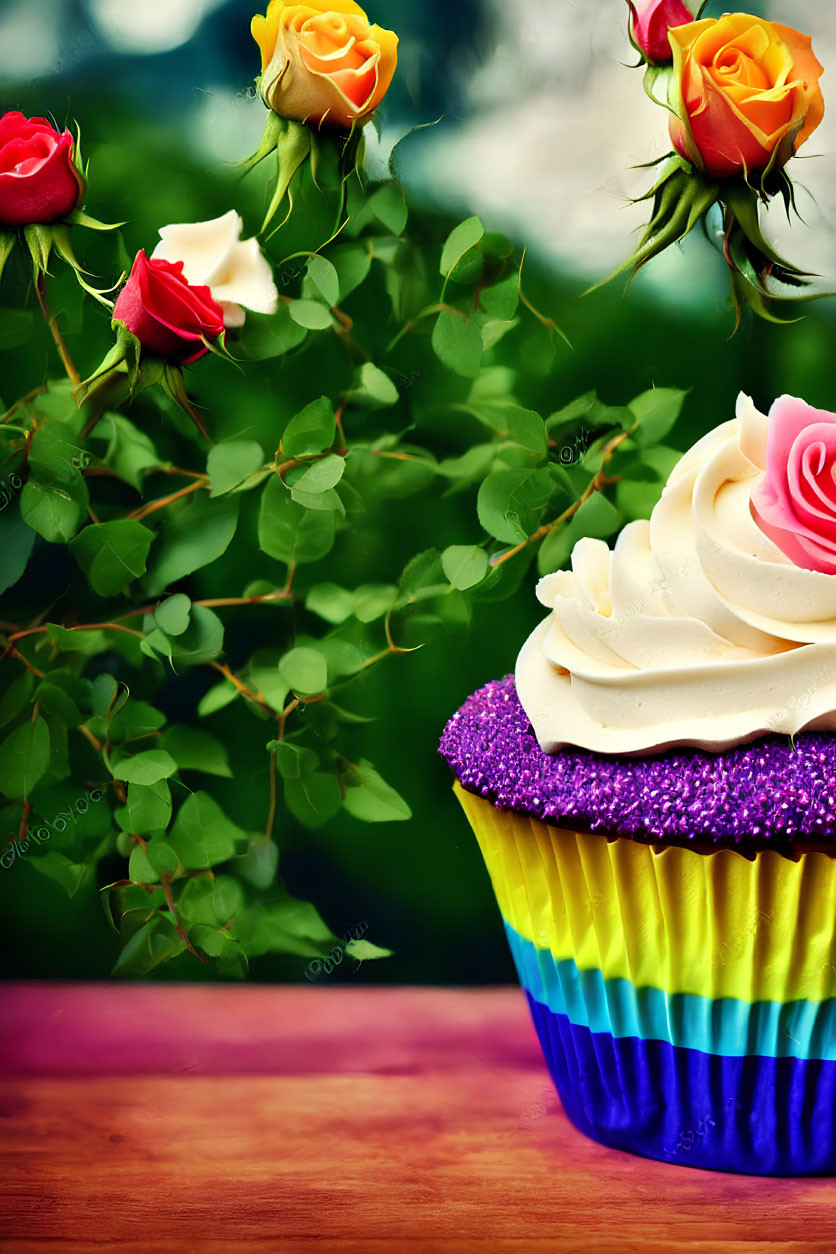 Colorful Cupcake with White Frosting and Pink Rose on Green Foliage Background