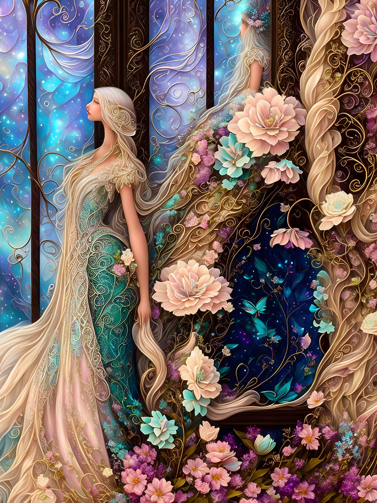 Detailed illustration: Woman in floral gown by ornate cosmic staircase