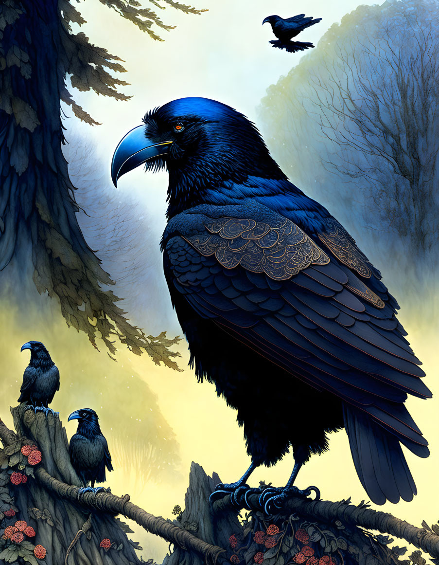 Detailed illustration of glossy raven perched on branch in misty forest