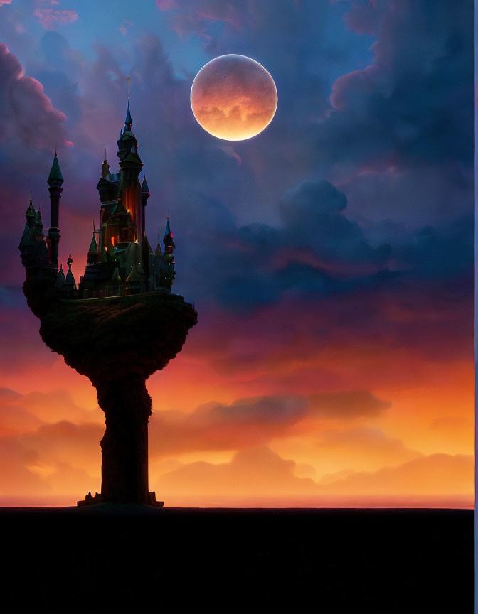 Silhouette of isolated castle on spire against vibrant sunset sky with moon and dramatic clouds