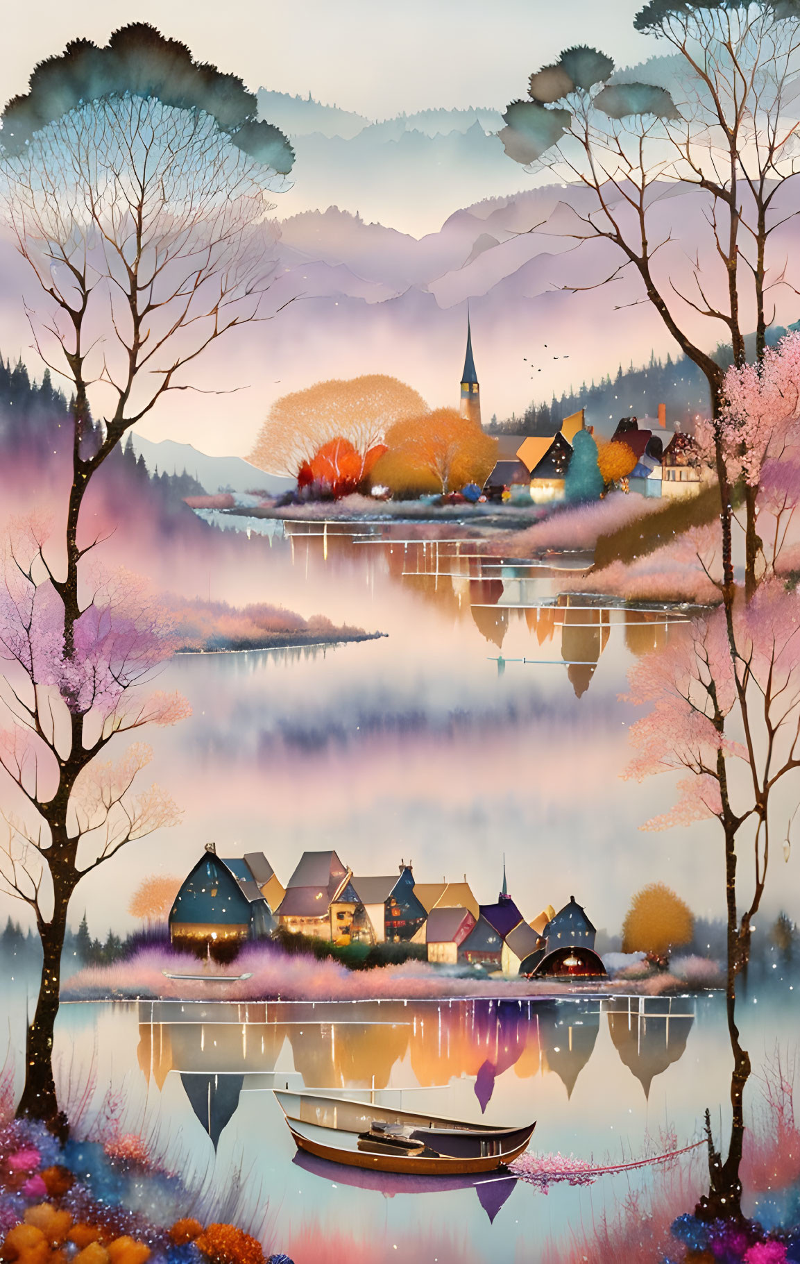 Tranquil village scene with autumn trees and cherry blossoms by a lake